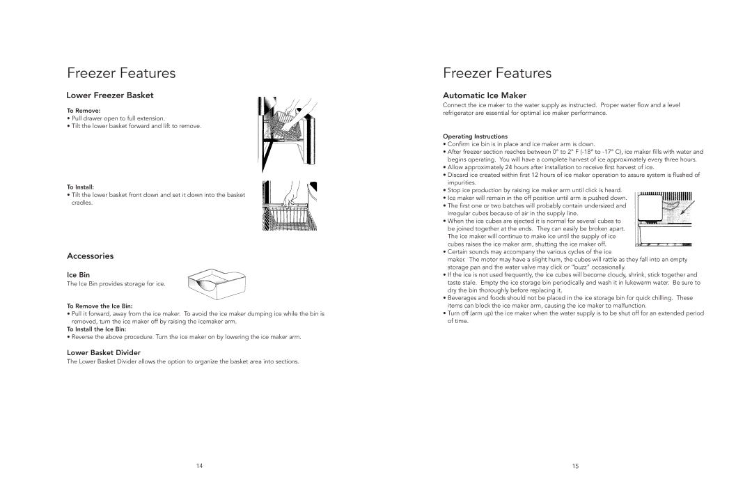 Viking F20394E EN manual Freezer Features, Lower Freezer Basket, Automatic Ice Maker, Ice Bin, Lower Basket Divider 