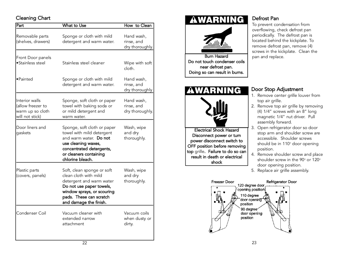 Viking F20398A warranty Cleaning Chart, Defrost Pan, Door Stop Adjustment 