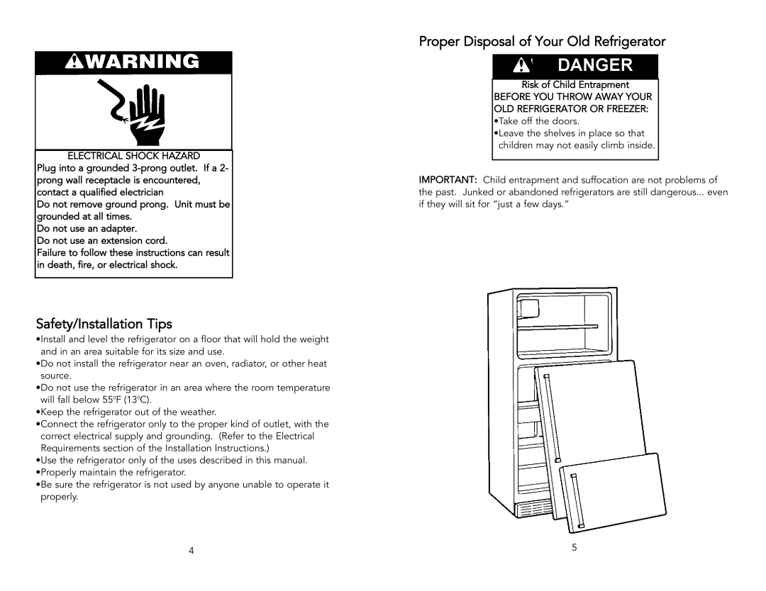 Viking F20398A warranty Safety/Installation Tips, Proper Disposal of Your Old Refrigerator, Danger 