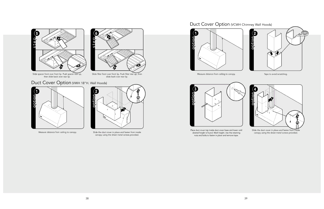 Viking F20470I EN manual Duct Cover Option VWH 18H. Wall Hoods, Duct Cover Option Vcwh Chimney Wall Hoods 