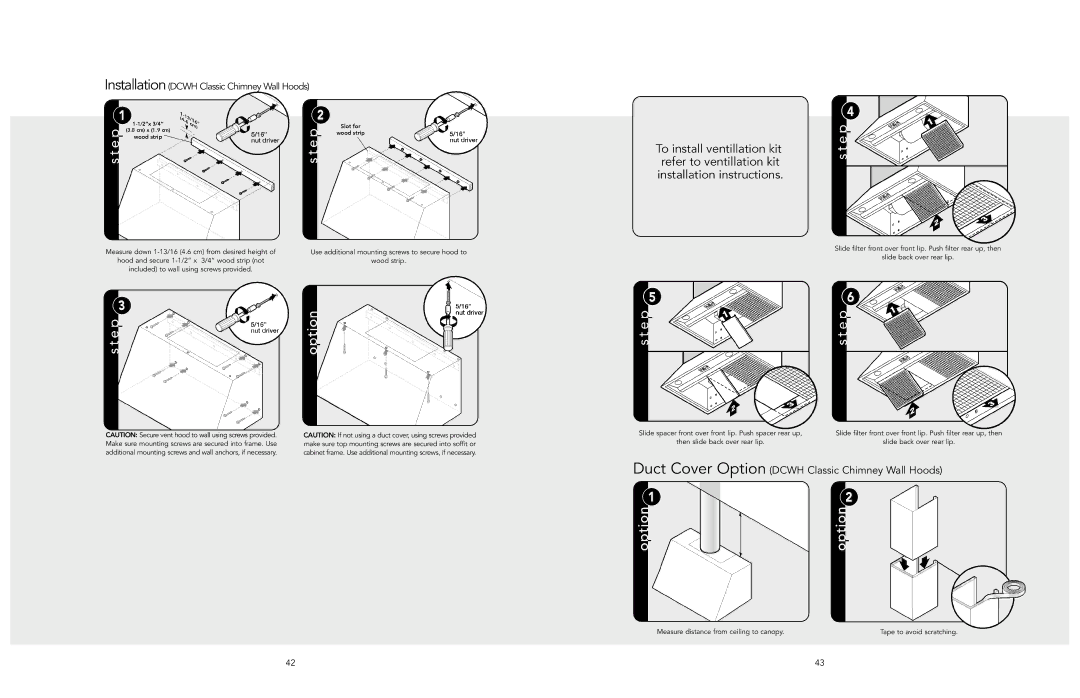 Viking F20470I EN manual Duct Cover Option Dcwh Classic Chimney Wall Hoods, Installation Dcwh Classic Chimney Wall Hoods 