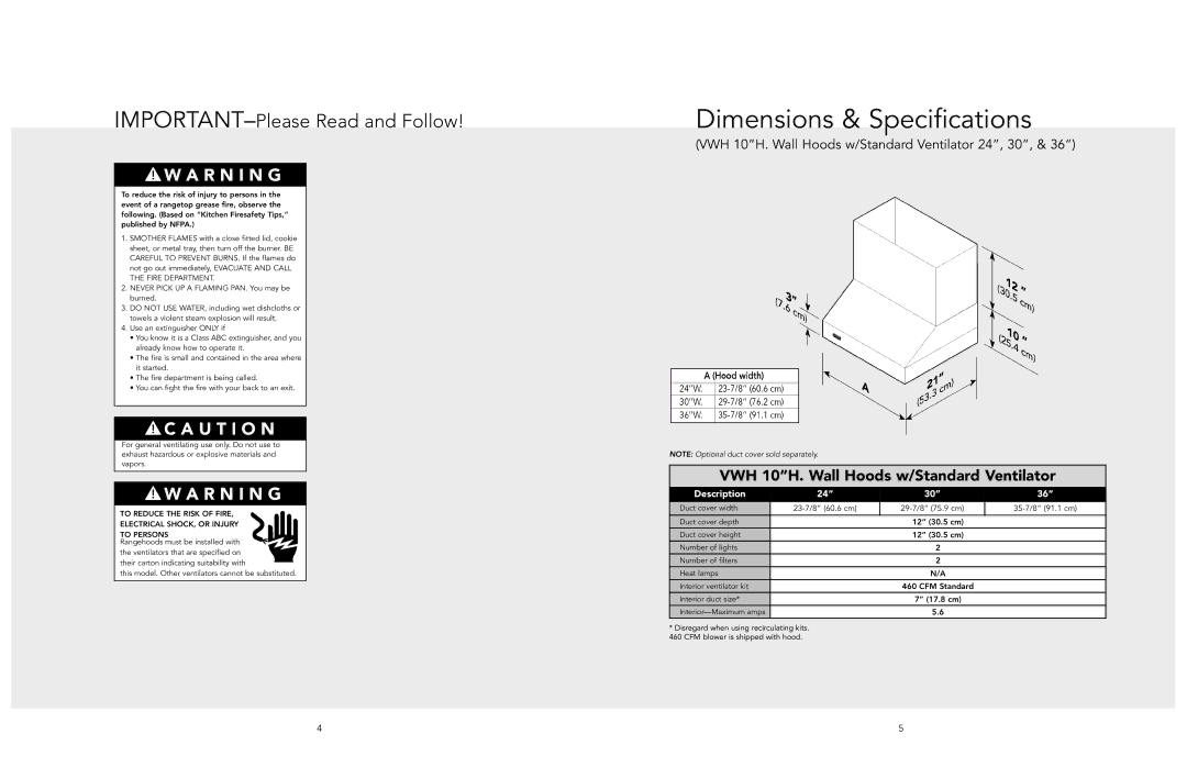 Viking F20470I EN manual Dimensions & Specifications, VWH 10H. Wall Hoods w/Standard Ventilator 