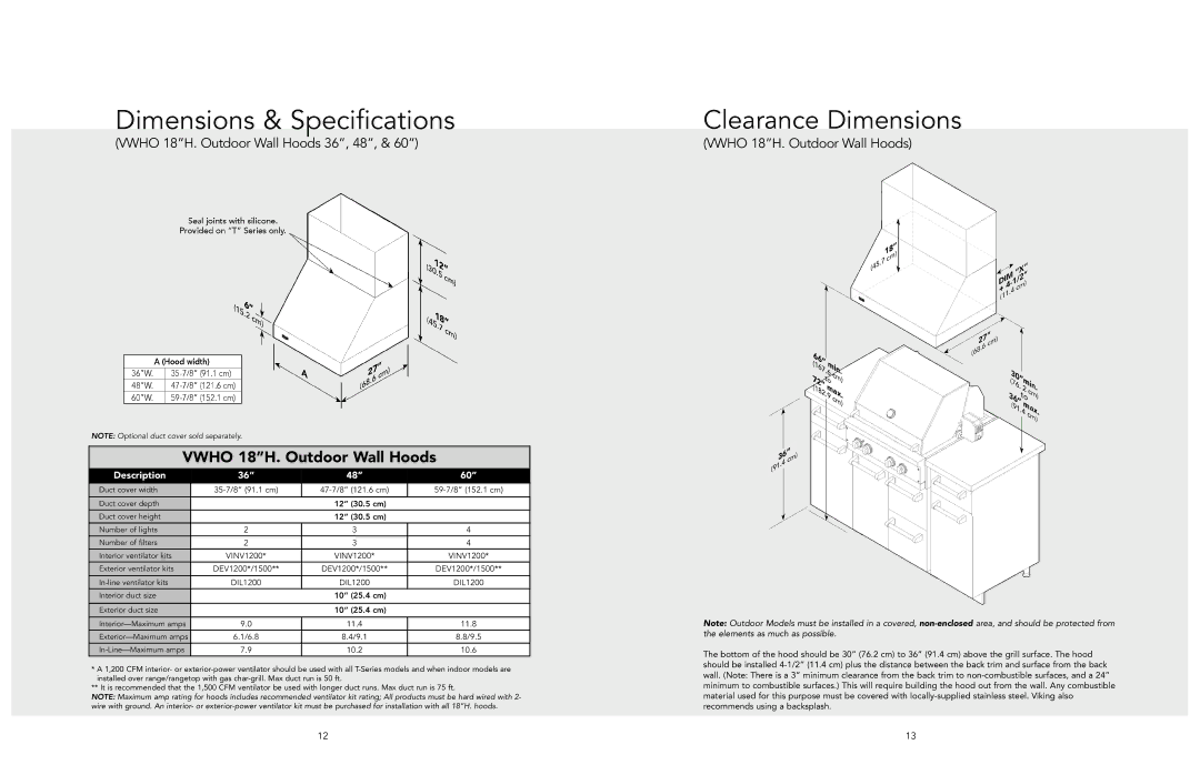 Viking F20470I EN manual Vwho 18H. Outdoor Wall Hoods 