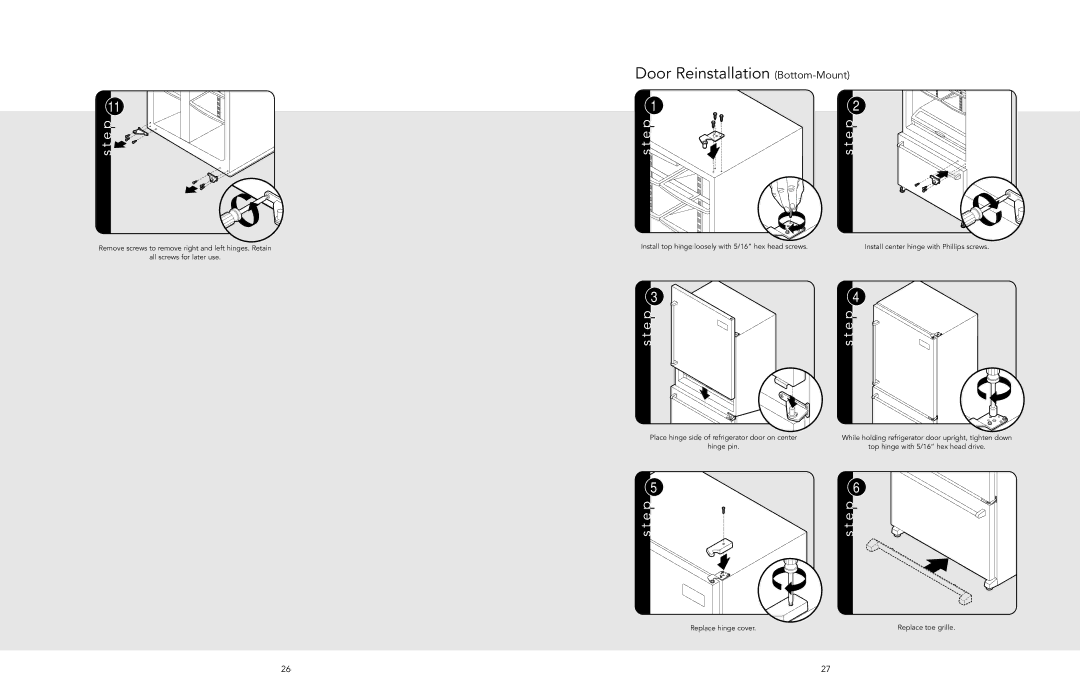 Viking F20481 manual Door Reinstallation Bottom-Mount, Install top hinge loosely with 5/16 hex head screws 