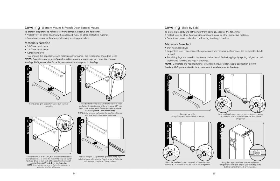 Viking F20481 manual Leveling Bottom-Mount & French Door Bottom-Mount, Leveling Side-By-Side 