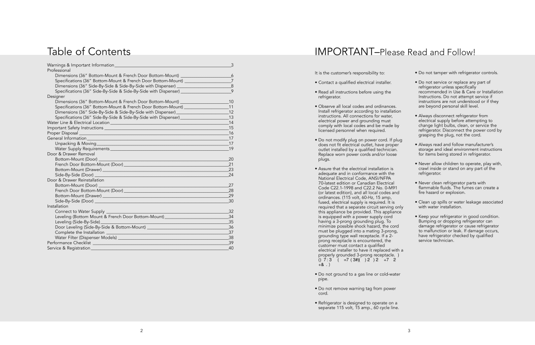 Viking F20481 manual Table of Contents 