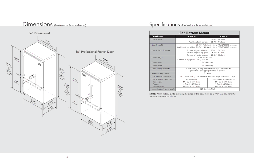 Viking F20481 manual Dimensions Professional Bottom-Mount, Specifications Professional Bottom-Mount, VCBF036 VCFF036 