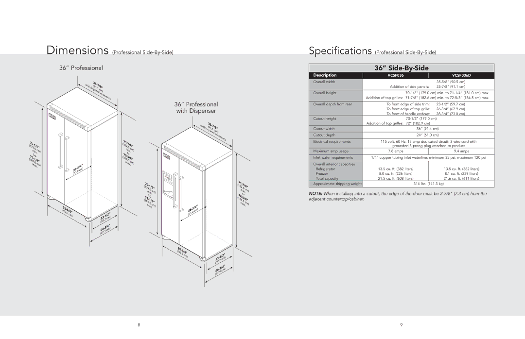 Viking F20481 manual Dimensions Professional Side-By-Side, Specifications Professional Side-By-Side, VCSF036 VCSF036D 