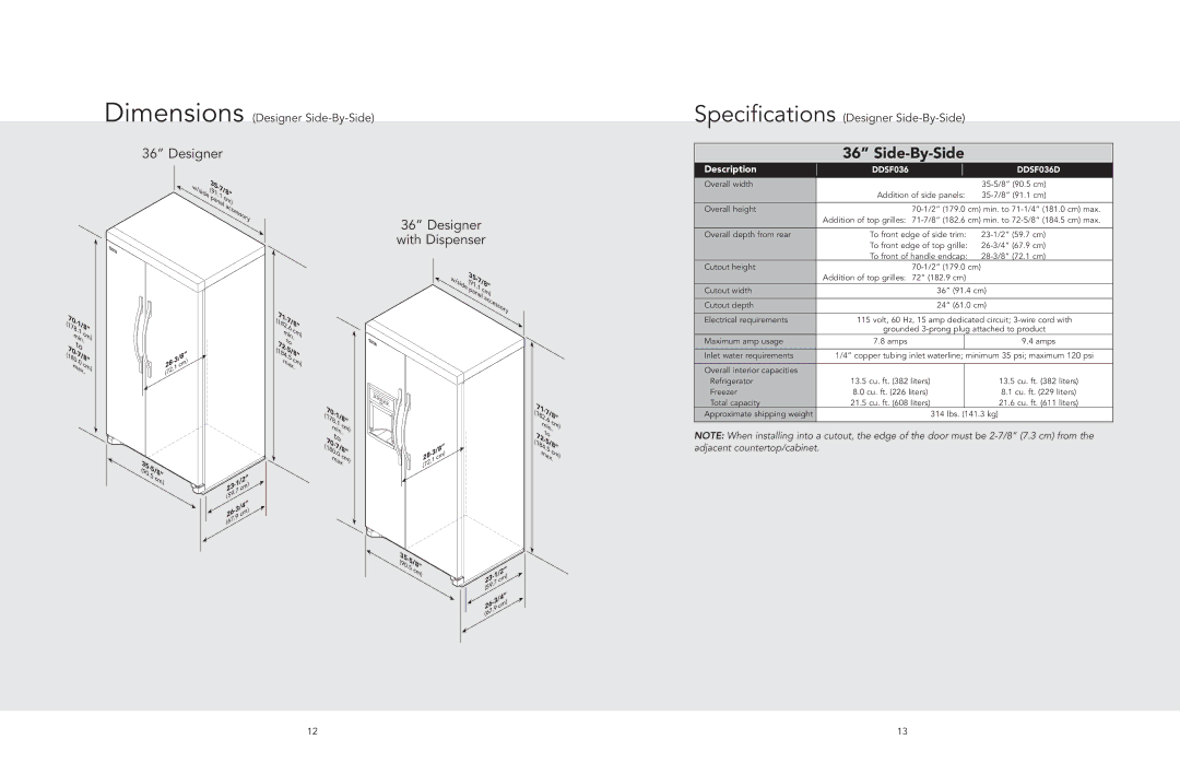 Viking F20481 manual Dimensions Designer Side-By-Side, DDSF036 DDSF036D 