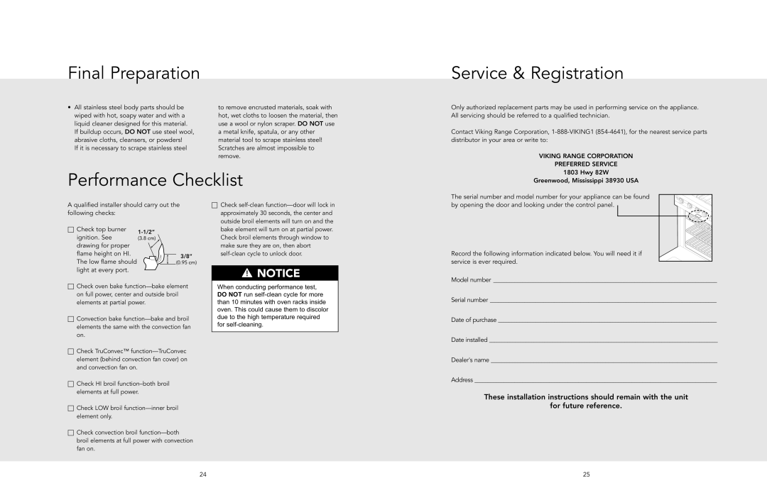 Viking F20495 manual Final Preparation Service & Registration, Performance Checklist 