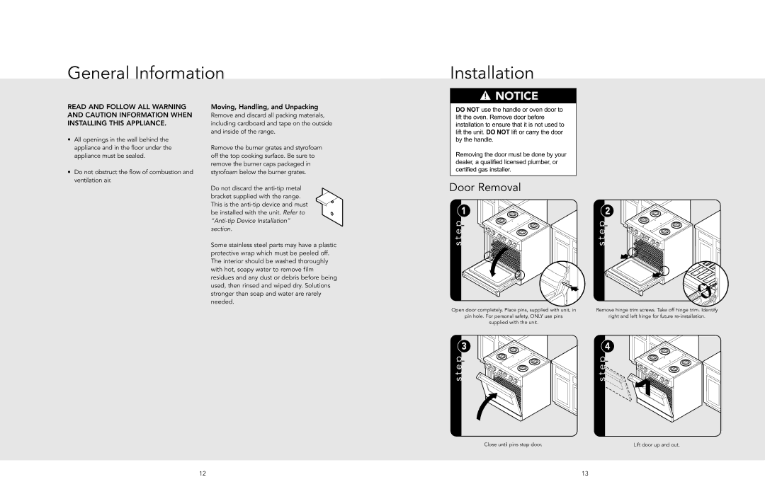 Viking F20495 manual General Information Installation, Moving, Handling, and Unpacking 