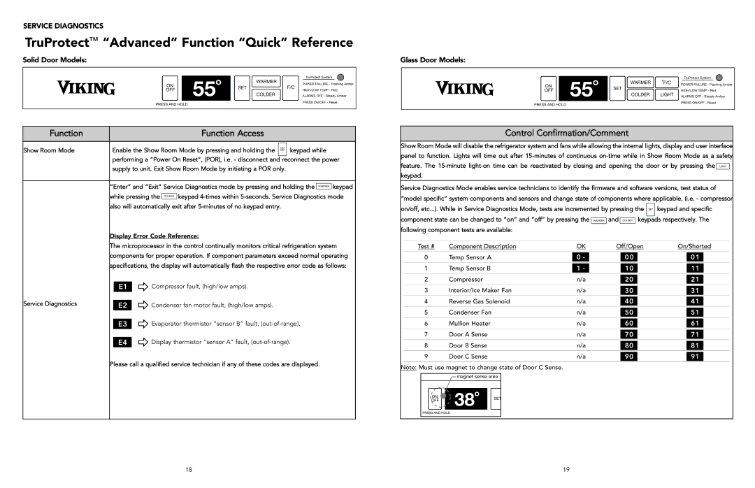 Viking F20497 manual Service Diagnostics, Solid Door Models Glass Door Models 