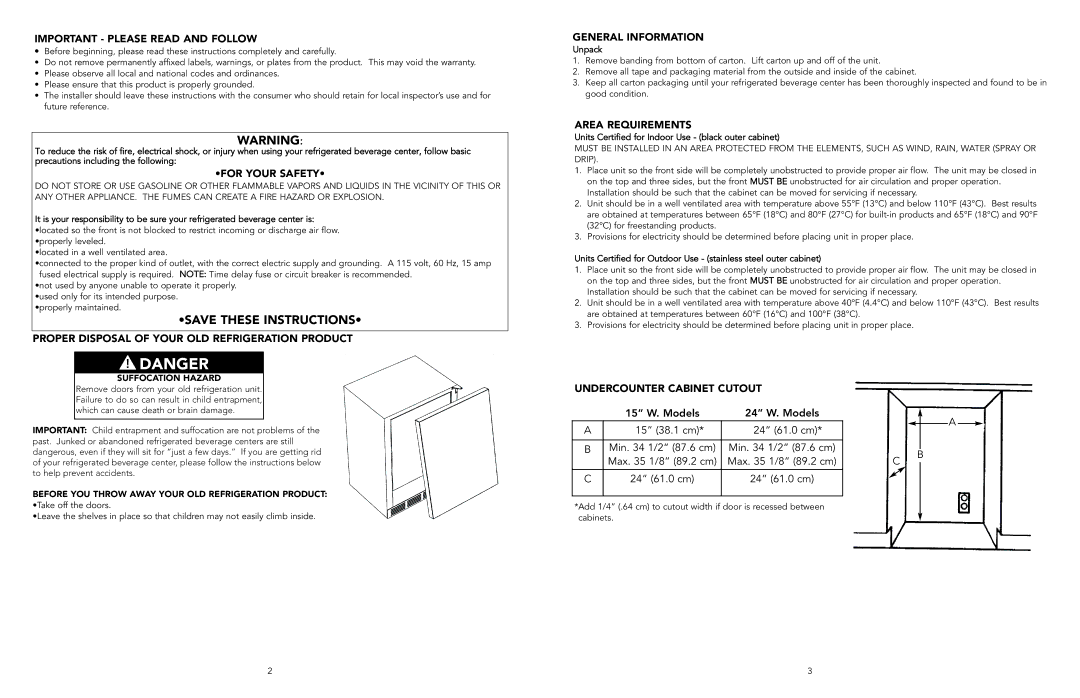 Viking F20497 manual Important Please Read and Follow, For Your Safety, Proper Disposal of Your OLD Refrigeration Product 