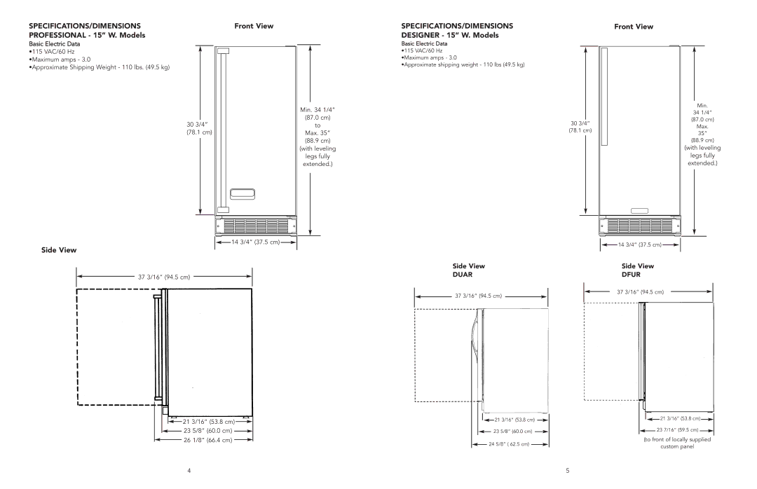 Viking F20497 manual Specifications/Dimensions, Front View, Professional 15 W. Models, Side View 