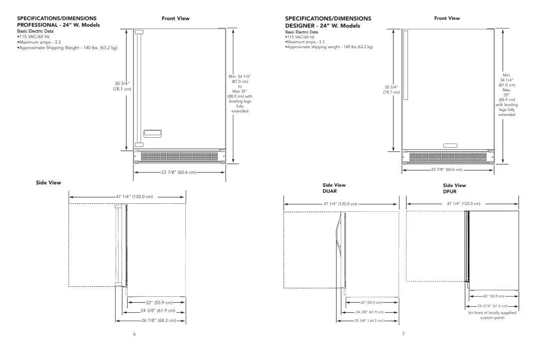 Viking F20497 manual Professional 24 W. Models, 47 1/4 120.0 cm, 26 7/8 68.3 cm 