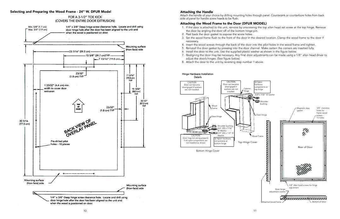 Viking F20497 manual Selecting and Preparing the Wood Frame 24 W. Dfur Model, Attaching the Handle 