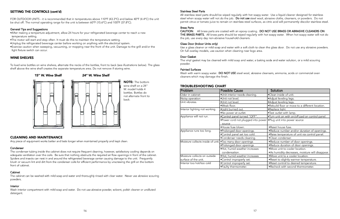 Viking F20497 manual Settingthe Controls cont’d, Wine Shelves, 15 W.Wine Shelf 24 W. Wine Shelf, Cleaning and Maintenance 