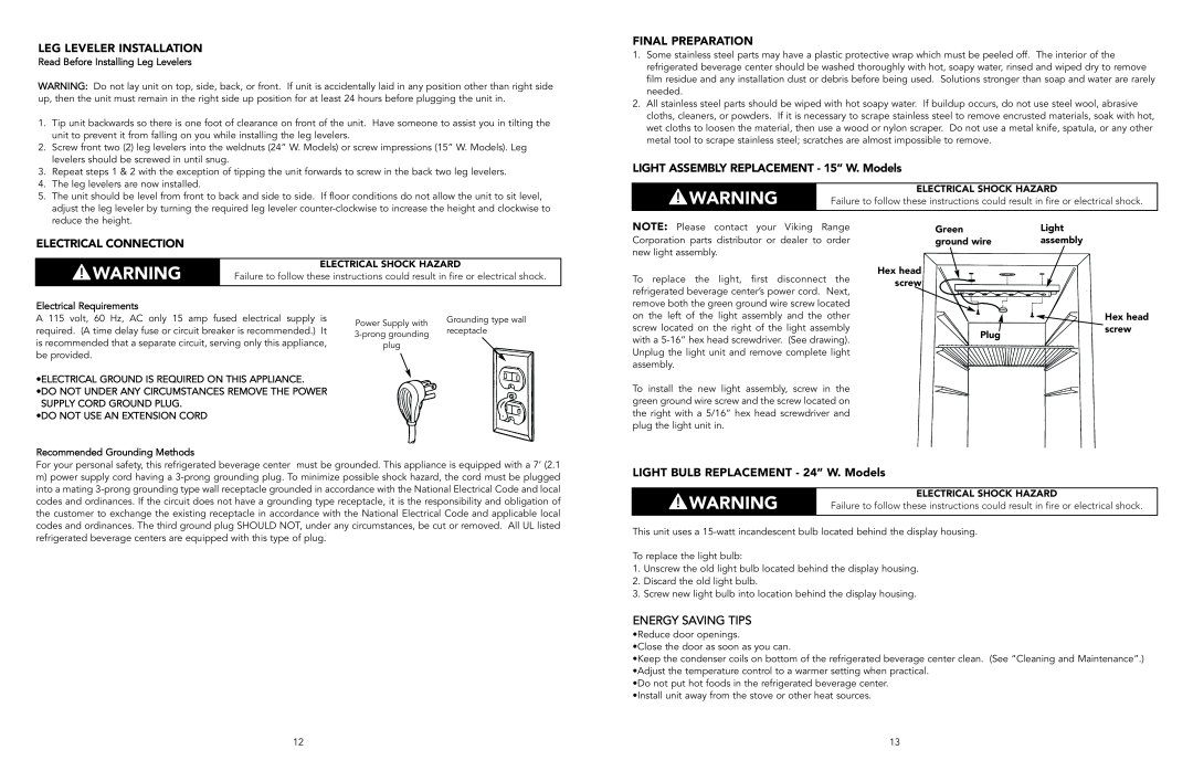 Viking F20497 manual Leg Leveler Installation, Final Preparation, LIGHT ASSEMBLY REPLACEMENT - 15” W. Models 