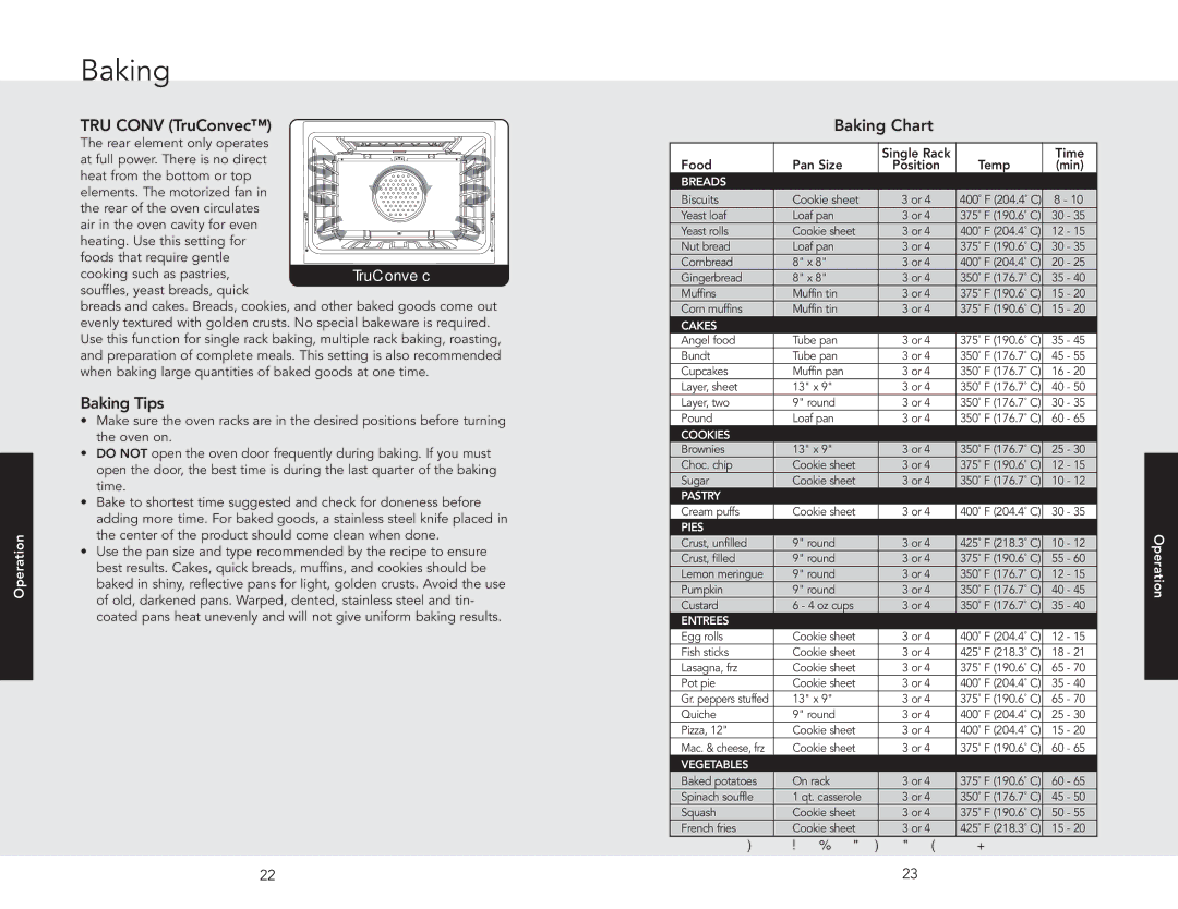 Viking F20507 manual Baking Tips, Baking Chart 