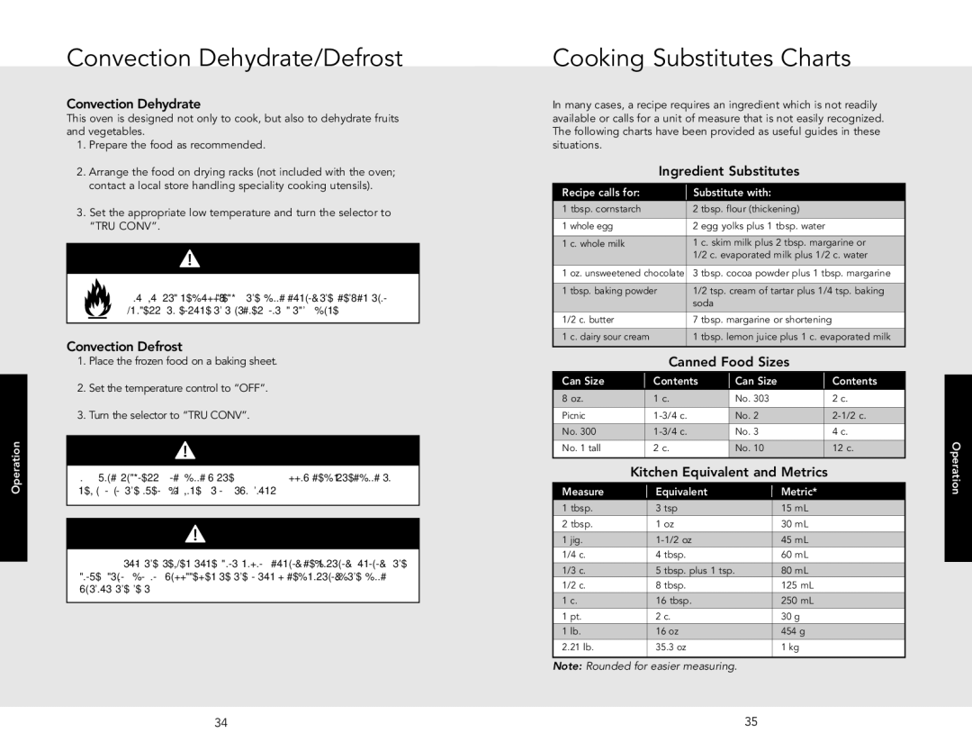 Viking F20507 manual Convection Dehydrate/Defrost, Cooking Substitutes Charts 