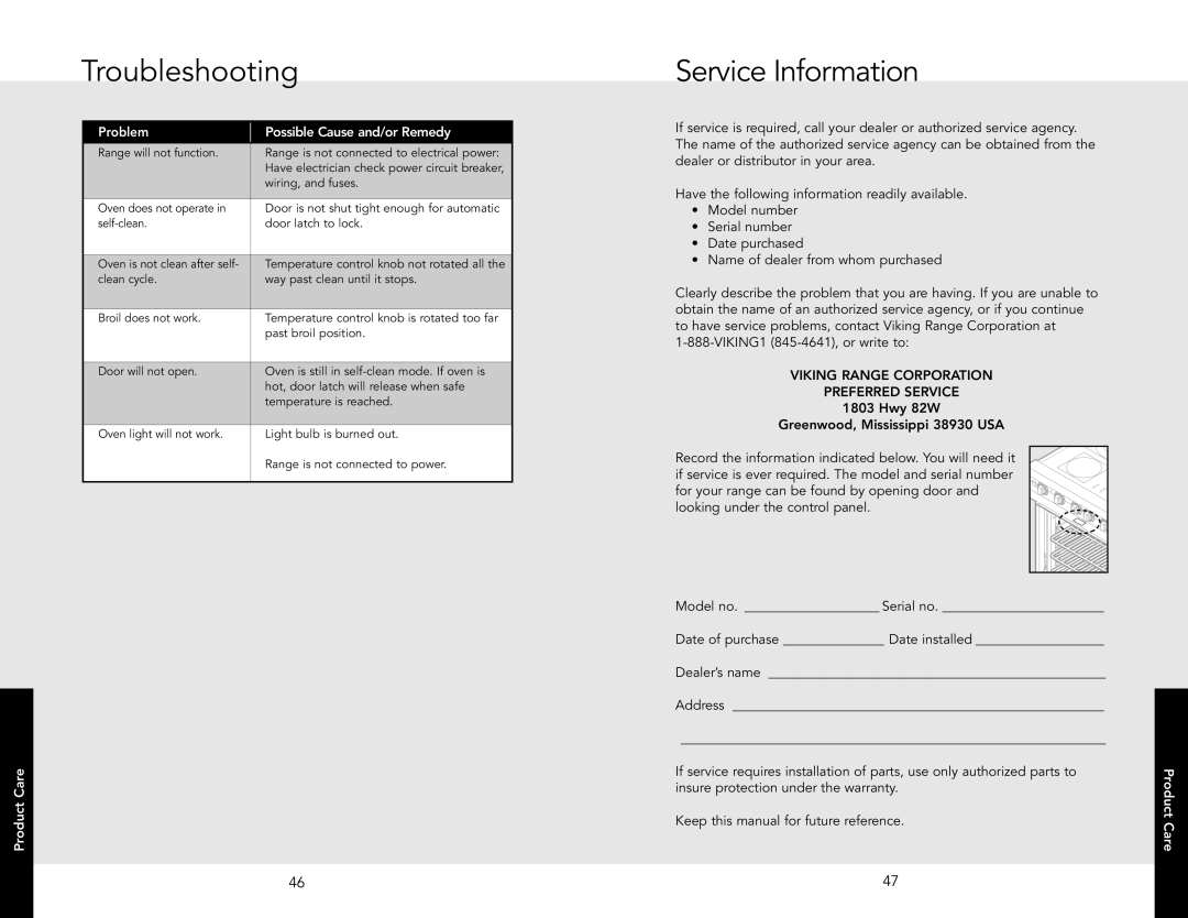 Viking F20507 manual Troubleshooting, Service Information, Problem Possible Cause and/or Remedy, Care 