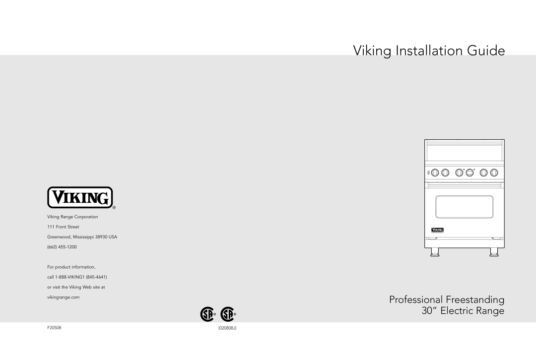 Viking F20508 manual 020808J, Viking Installation Guide, Professional Freestanding 30” Electric Range 