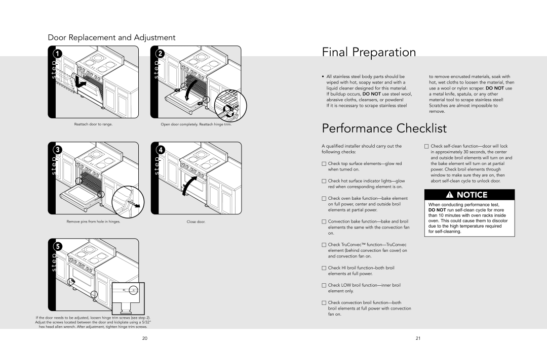 Viking F20508 manual Final Preparation, Performance Checklist, Door Replacement and Adjustment 