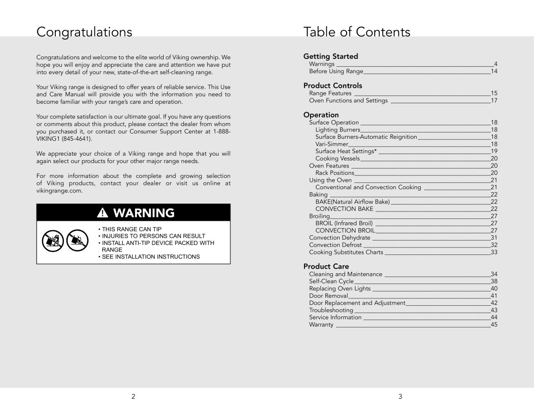 Viking F20512 manual Congratulations, Table of Contents 