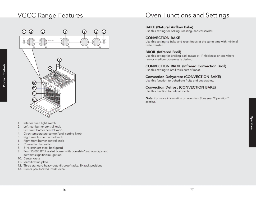 Viking F20512 manual Vgcc Range Features, Oven Functions and Settings 