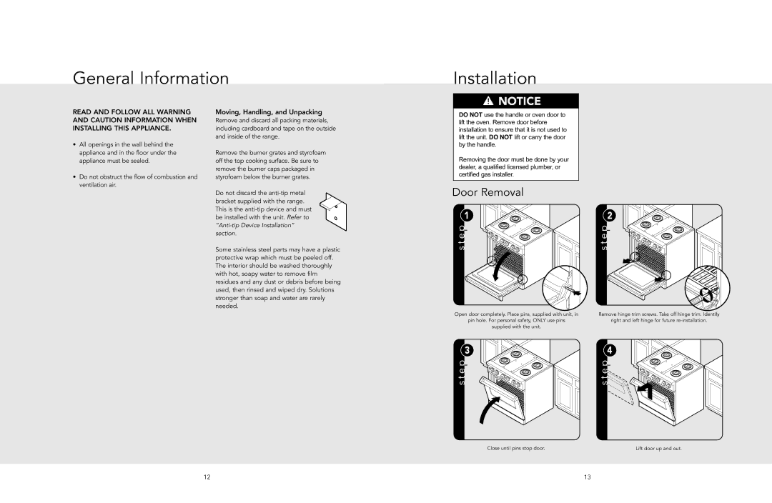 Viking F20513 manual General Information Installation, Moving, Handling, and Unpacking 