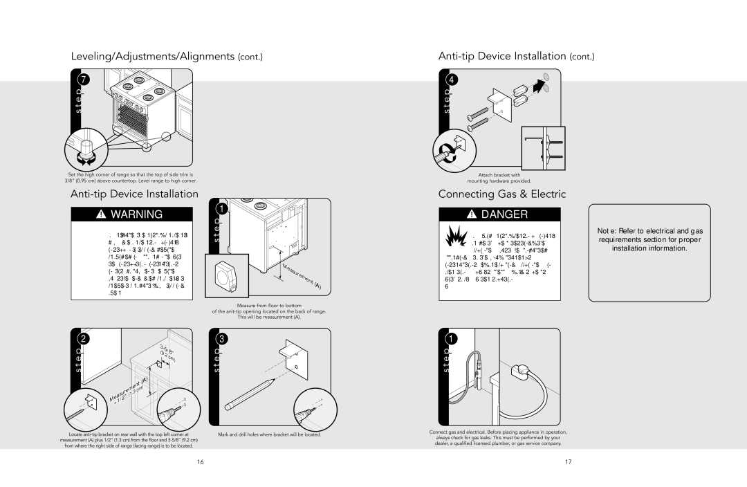 Viking F20513 manual Leveling/Adjustments/Alignments Anti-tip Device Installation, Connecting Gas & Electric 