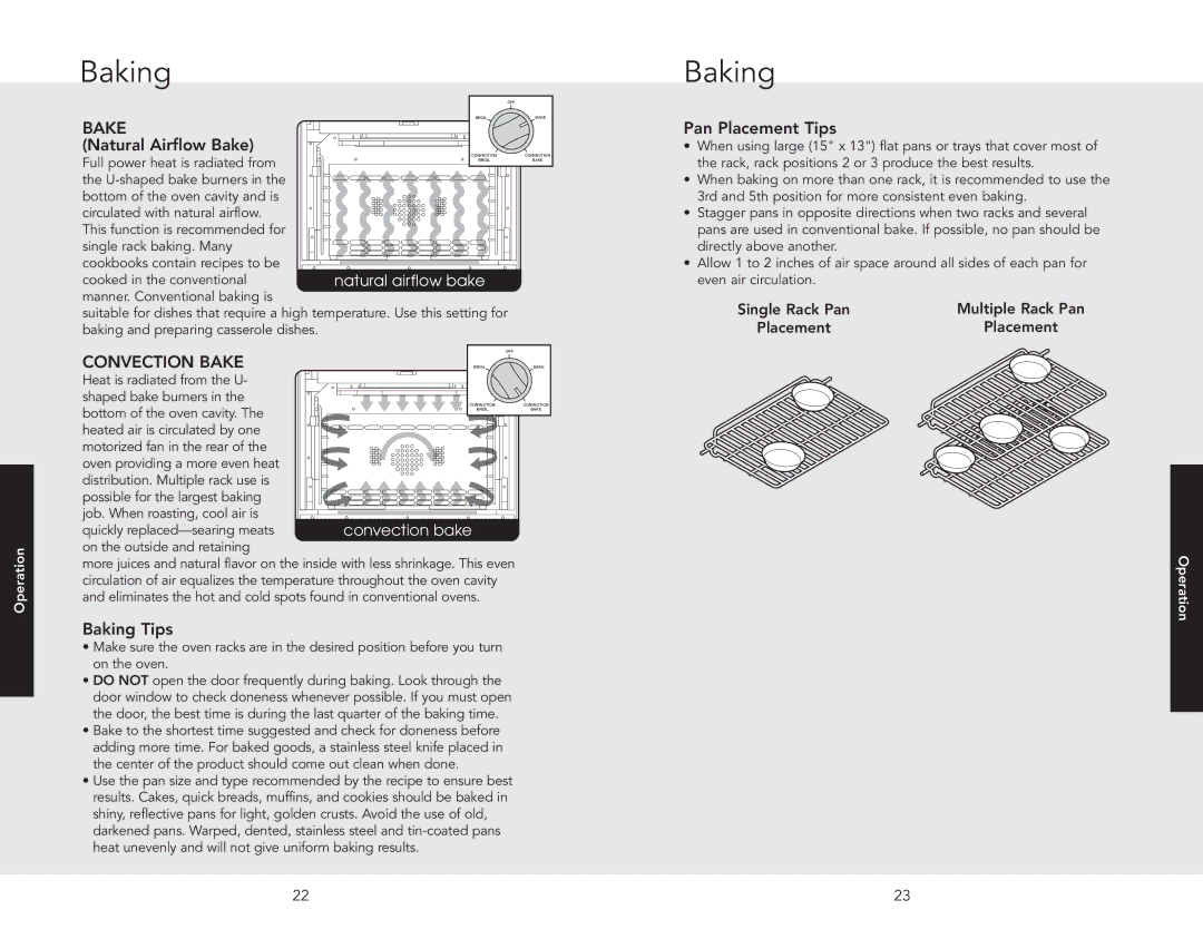 Viking F20516 manual Natural Airflow Bake, Pan Placement Tips, Baking Tips 