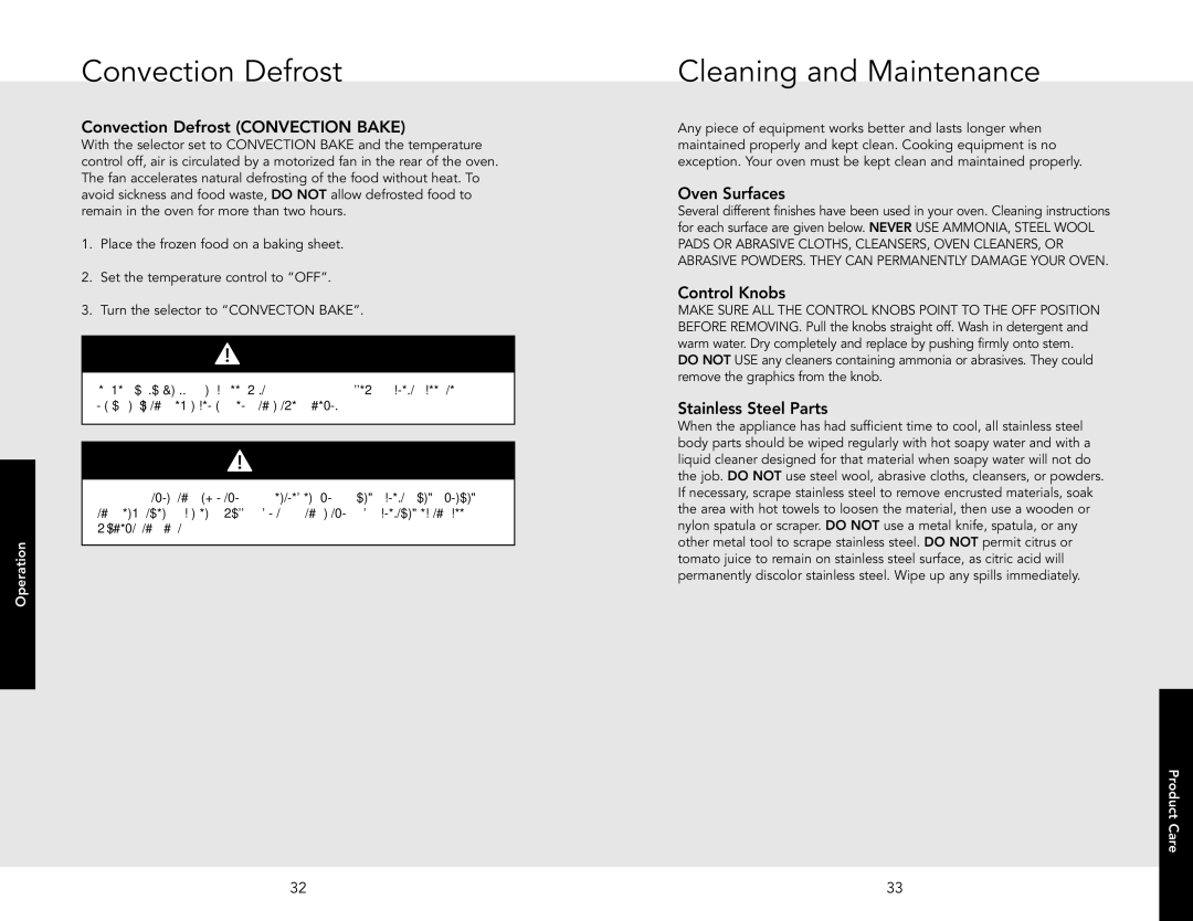 Viking F20516 manual Convection Defrost, Cleaning and Maintenance, Oven Surfaces, Control Knobs, Stainless Steel Parts 