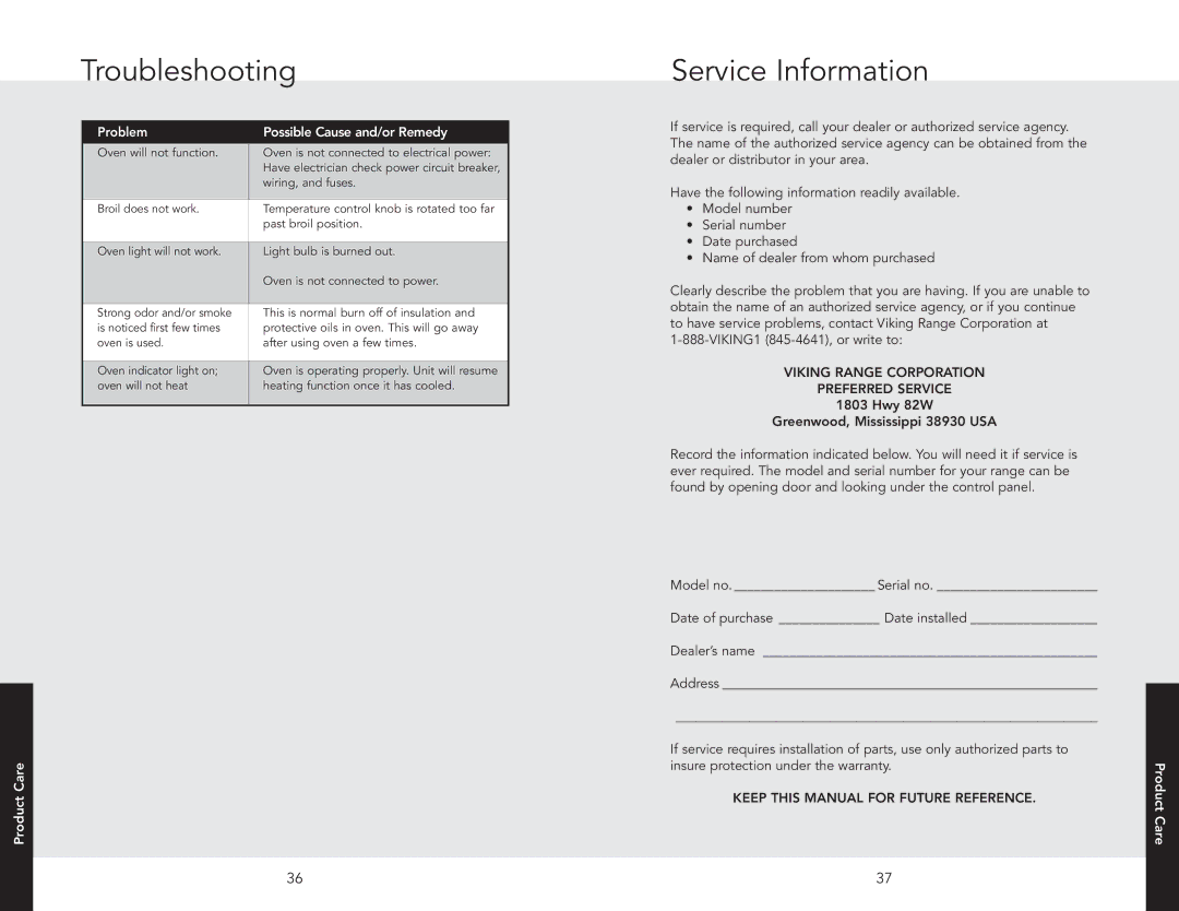 Viking F20516 manual Troubleshooting, Service Information 