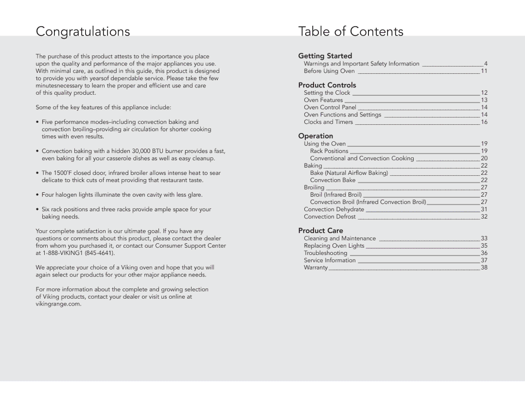 Viking F20516 manual Congratulations, Table of Contents 