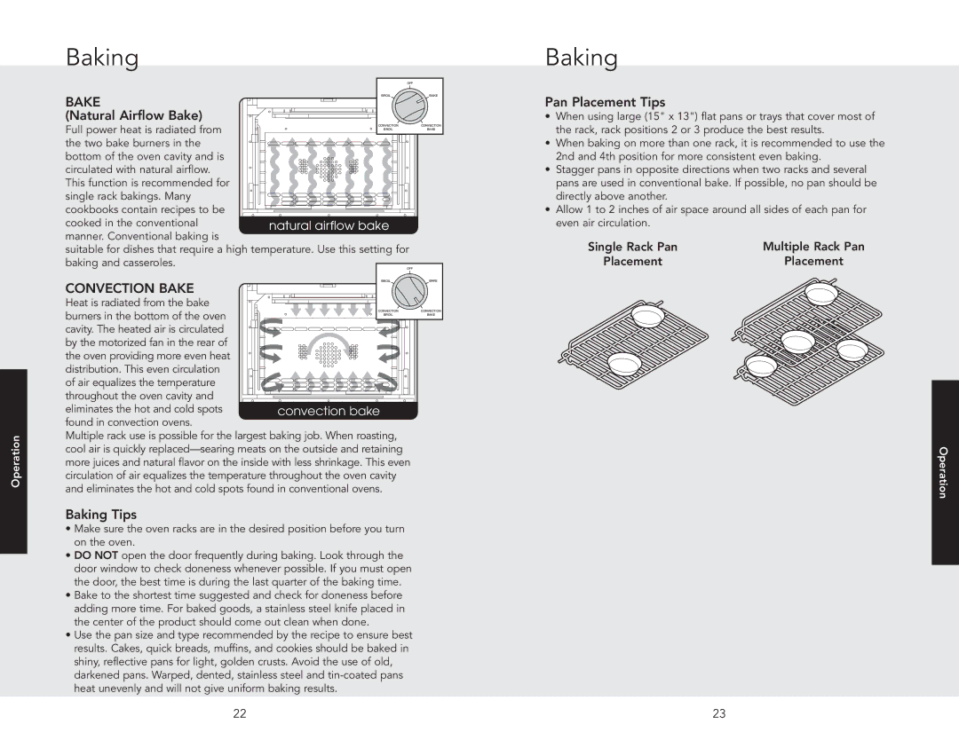 Viking F20517 manual Natural Airflow Bake, Pan Placement Tips, Baking Tips 