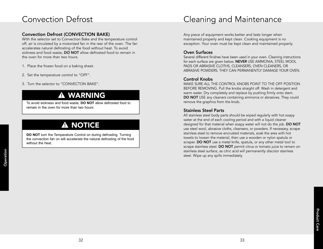 Viking F20517 manual Convection Defrost, Cleaning and Maintenance, Oven Surfaces, Control Knobs, Stainless Steel Parts 