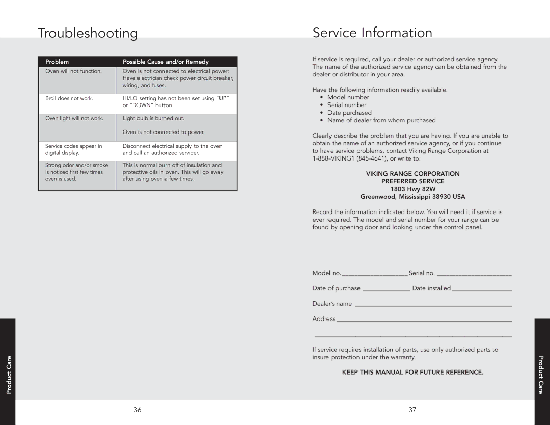 Viking F20517 manual Troubleshooting, Service Information 