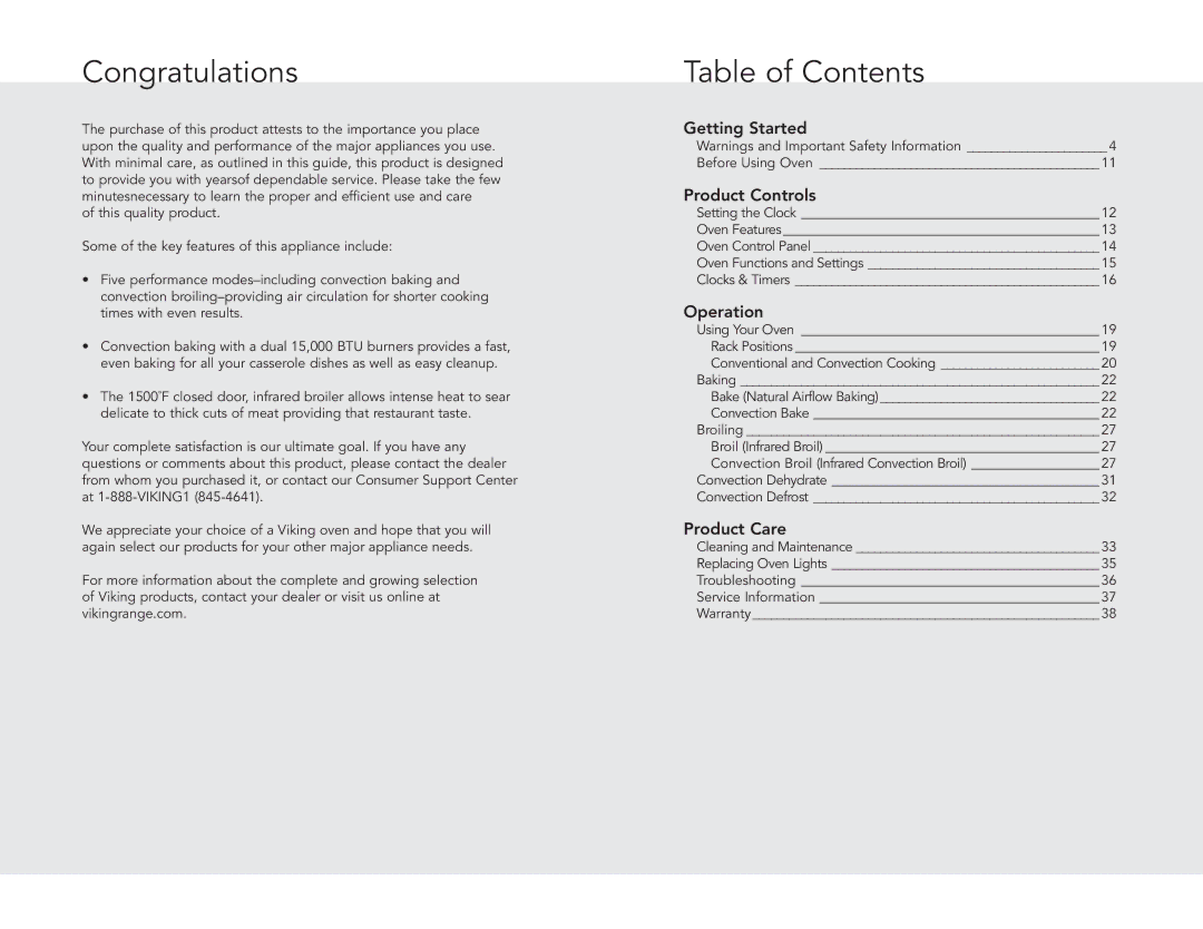 Viking F20517 manual Congratulations, Table of Contents 