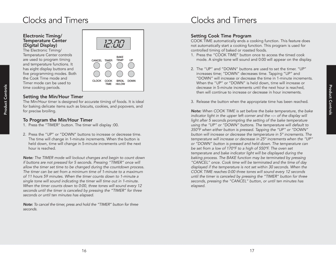 Viking F20517 manual Clocks and Timers, Electronic Timing Temperature Center Digital Display, Setting Cook Time Program 