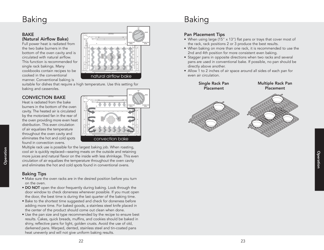 Viking F20517 manual Pan Placement Tips, Baking Tips, Single Rack Pan, Multiple Rack Pan, BAKE Natural Airflow Bake 