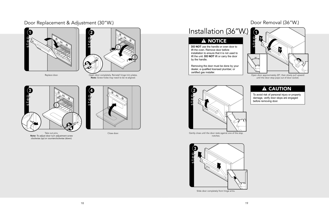 Viking F20518A manual Door Replacement & Adjustment 30W, Installation 36W, Toavoid risk of personal injury or property 