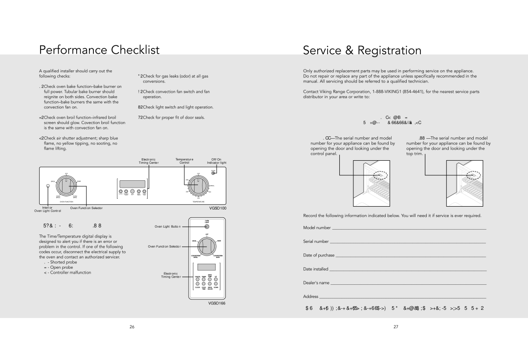 Viking F20518A manual Performance Checklist, Service & Registration 