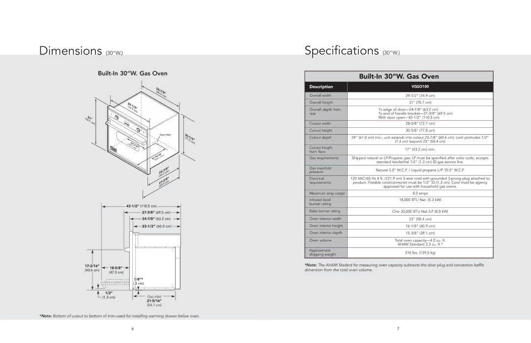 Viking F20518A manual Dimensions 30W Specifications 30W, Built-In 30W. Gas Oven 