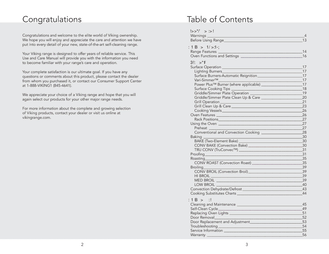 Viking F20532A manual Congratulations, Table of Contents 