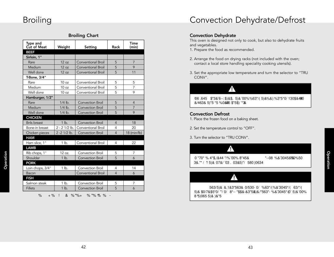 Viking F20532A manual Broiling Chart, Convection Dehydrate, Convection Defrost 