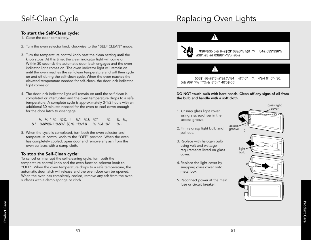 Viking F20532A manual Replacing Oven Lights, To start the Self-Clean cycle, To stop the Self-Clean cycle 