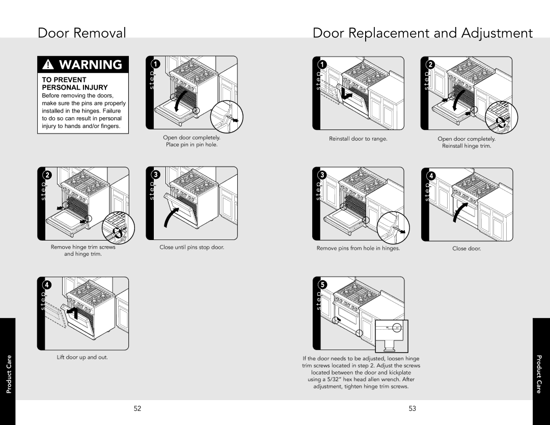 Viking F20532A manual Door Removal, Door Replacement and Adjustment, To Prevent Personal Injury 