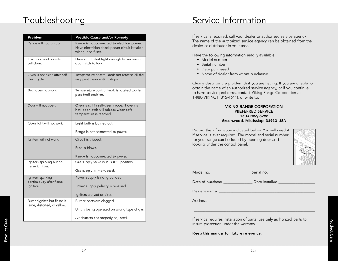 Viking F20532A manual Troubleshooting, Service Information, Problem Possible Cause and/or Remedy, Care 