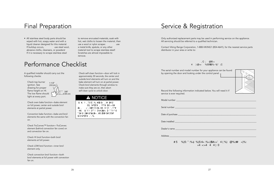 Viking F20533 EN manual Final Preparation Service & Registration, Performance Checklist 